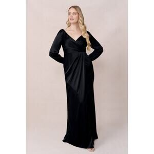 Revelry Black Vera Satin Long Sleeve V Neck Wrap Maxi Gown Plus Sz 26 Wedding
